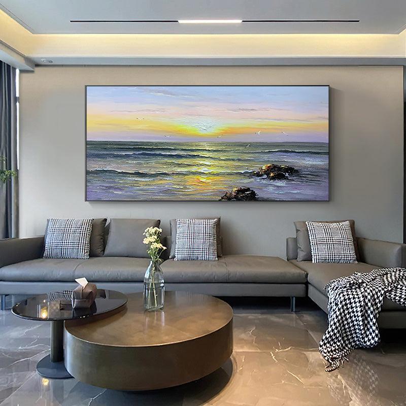 Abstract Seascape Sunrise at Sea Oil Painting Horizontal Ocean Texture Landscape Wall Art for Living Room - LoveOilpainting