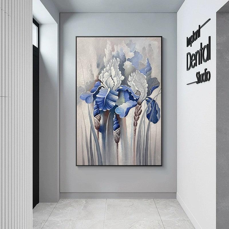 Large Abstract Blue Flower Texture Wall Art Vertical Modern Sofa Living Room Hallway Floor Painting - LoveOilpainting