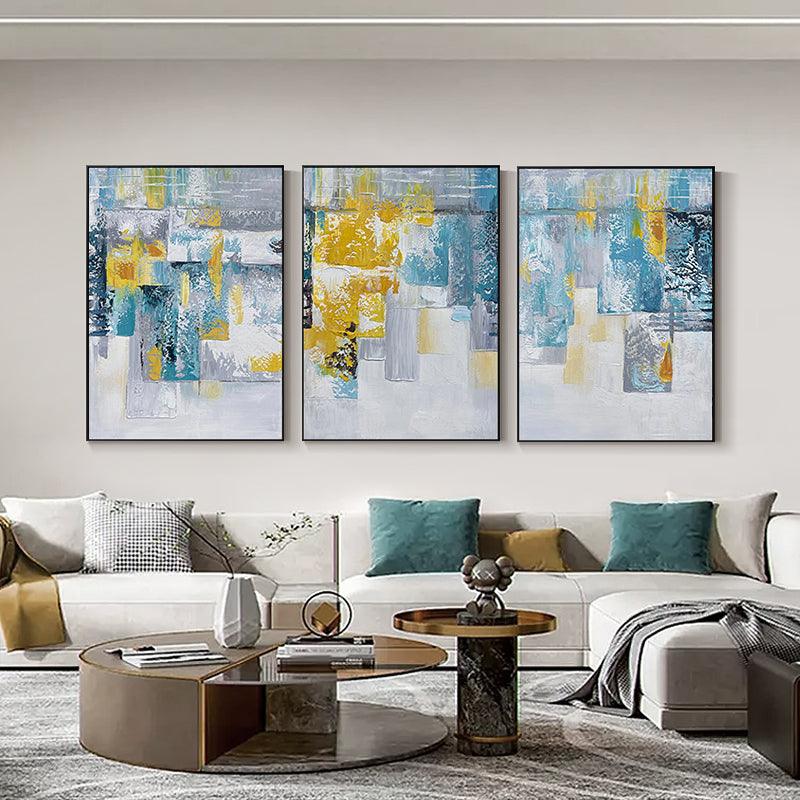 Triptych Abstract Blue and Gold Texture Oil Painting Set of 3 - LoveOilpainting