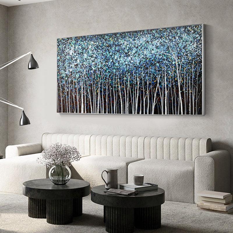 Abstract Dark Blue Textured Trees Minimalist Forest Oil Painting on Canvas - LoveOilpainting