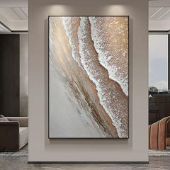 Abstract Gold and Beige Textured 3D Ocean Beach Wave Landscape Oil Painting - LoveOilpainting