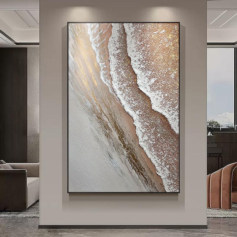 Abstract Minimalist Gold and Beige Ocean Beach Waves Oil Painting - LoveOilpainting