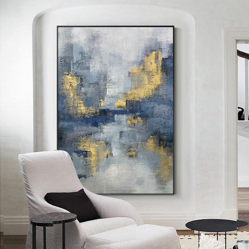 Wabi-Sabi Textured Blue and Gold Landscape Oil Painting - LoveOilpainting