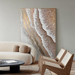 Abstract Minimalist Gold and Beige Ocean Beach Waves Oil Painting - LoveOilpainting