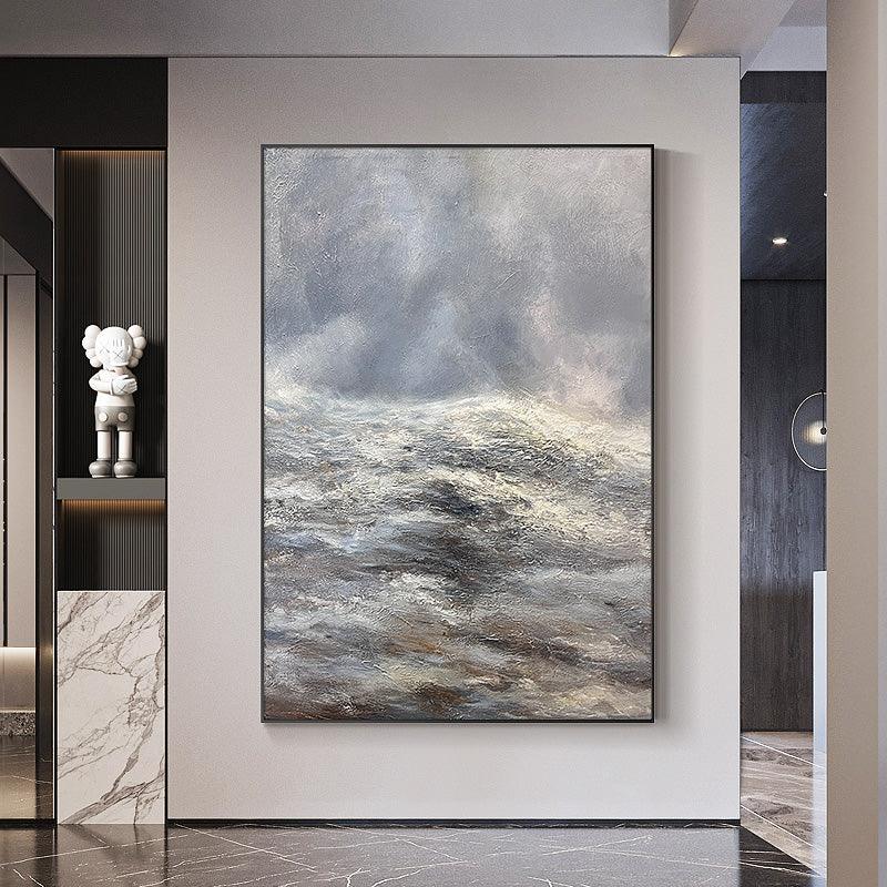 Abstract Grey and Beige Textured Cloudy Sky Oil Painting - LoveOilpainting