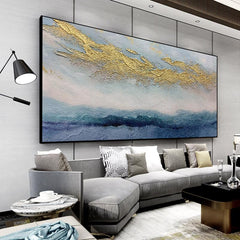 Abstract Blue Beige and Gold Textured Ocean Oil Painting on Canvas - LoveOilpainting