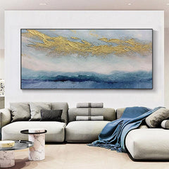 Abstract Blue Beige and Gold Textured Ocean Oil Painting on Canvas - LoveOilpainting