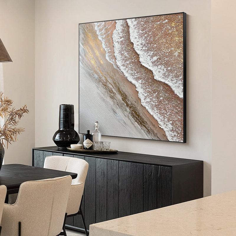 Abstract Gold and Beige Textured 3D Ocean Beach Wave Landscape Oil Painting - LoveOilpainting