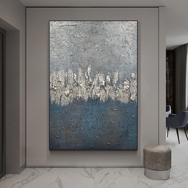 Abstract Blue Grey and Silver Foil Textured Acrylic Oil Painting - LoveOilpainting