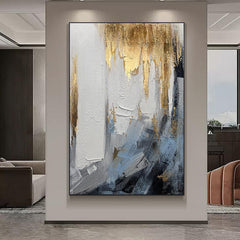 Gold Abstract Oil Painting on Canvas Blue and Beige Textured Wall Art - LoveOilpainting