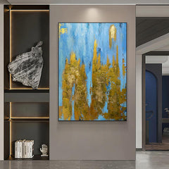 Abstract Blue with Gold Foil Textured Acrylic Oil Painting on Canvas - LoveOilpainting