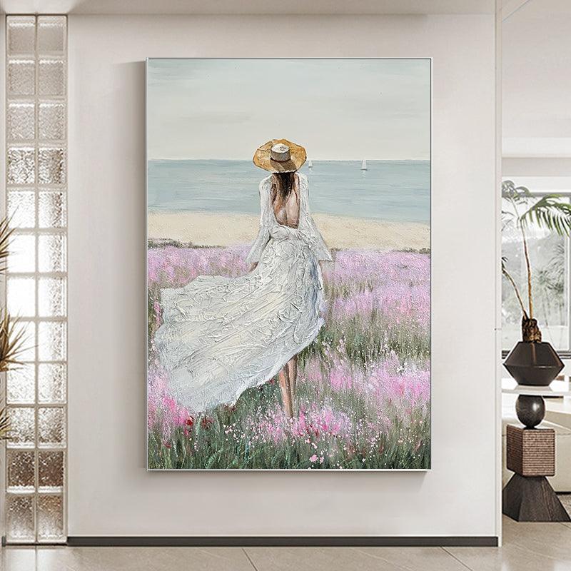 Large Seaside Scenery Oil Painting American Style View of Girl's Back Entrance Corridor - LoveOilpainting