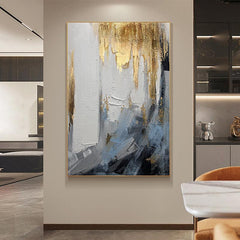 Gold Abstract Oil Painting on Canvas Blue and Beige Textured Wall Art - LoveOilpainting