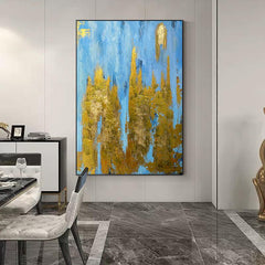 Abstract Blue with Gold Foil Textured Acrylic Oil Painting on Canvas - LoveOilpainting