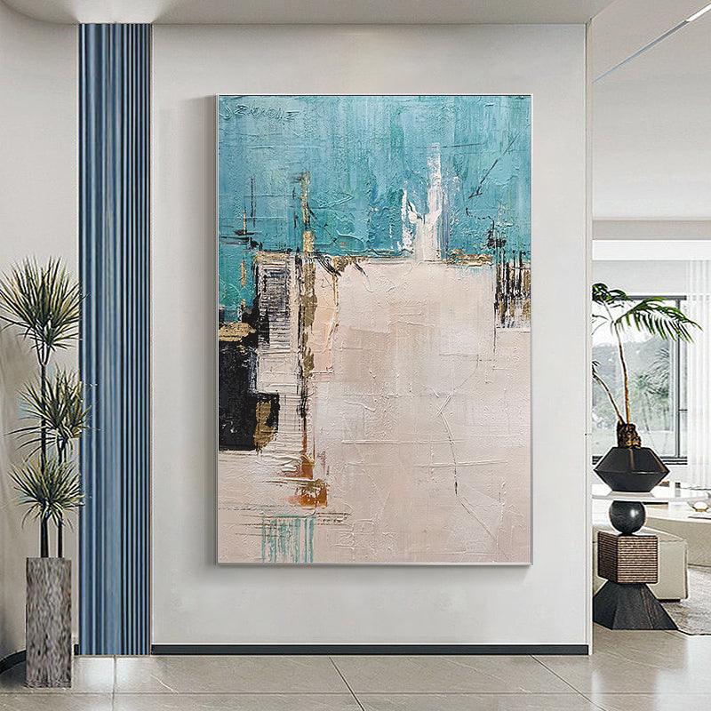 Pure hand-painted Oil Painting Abstract Minimalist Cyan Goldfoil Textured American Style Wall Art - LoveOilpainting