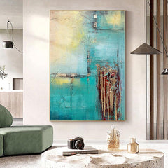 Italian Minimalist Texture Oil Painting Nordic Luxury Cyan Goldfoil Ocean Mural Wall Art - LoveOilpainting