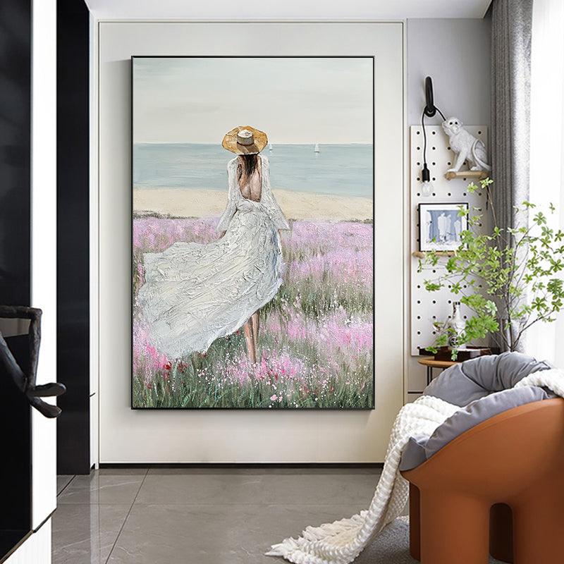 Large Seaside Scenery Oil Painting American Style View of Girl's Back Entrance Corridor - LoveOilpainting