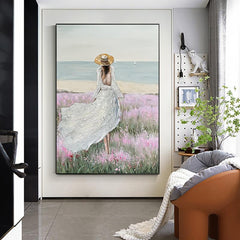 Large Seaside Scenery Oil Painting American Style View of Girl's Back Entrance Corridor - LoveOilpainting