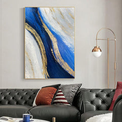 Abstract Blue Beige with Gold Foil Textured Ocean Waves Oil Painting - LoveOilpainting