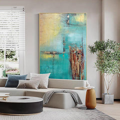 Italian Minimalist Gold Foil Texture Oil Painting Nordic Luxury Large Cyan Ocean Mural Wall Art - LoveOilpainting