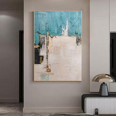 Pure hand-painted Oil Painting Abstract Minimalist Cyan Goldfoil Textured American Style Wall Art - LoveOilpainting