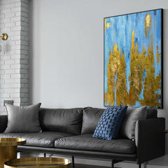 Abstract Blue with Gold Foil Textured Acrylic Oil Painting on Canvas - LoveOilpainting