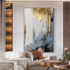 Gold Abstract Oil Painting on Canvas Blue and Beige Textured Wall Art - LoveOilpainting