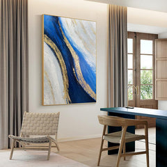 Abstract Blue Beige with Gold Foil Textured Ocean Waves Oil Painting - LoveOilpainting