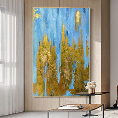 Abstract Blue with Gold Foil Textured Acrylic Oil Painting on Canvas - LoveOilpainting