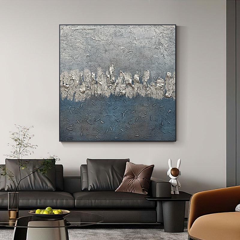 Abstract Blue Grey and Silver Foil Textured Acrylic Oil Painting - LoveOilpainting