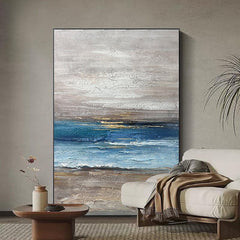 Abstract Blue and Beige Ocean Textured Landscape Sea Wall Art - LoveOilpainting