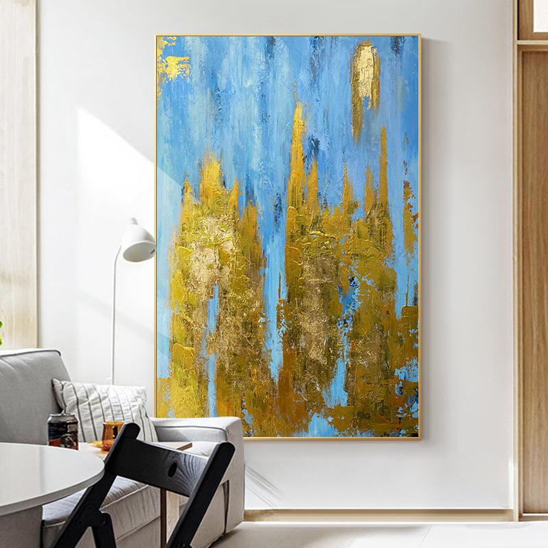 Abstract Blue with Gold Foil Textured Acrylic Oil Painting on Canvas - LoveOilpainting