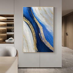 Abstract Blue Beige with Gold Foil Textured Ocean Waves Oil Painting - LoveOilpainting