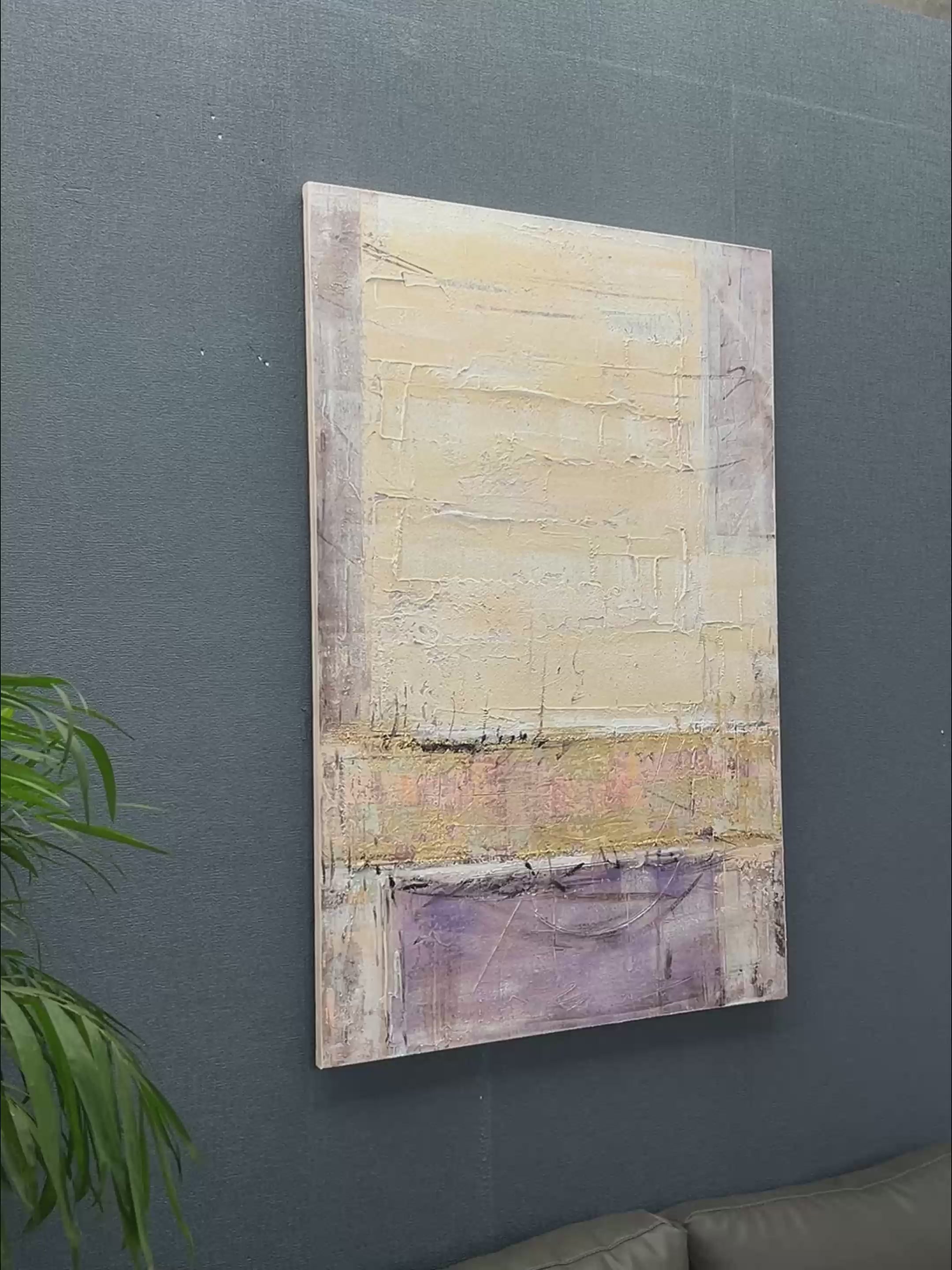 Purple Minimalist Wall Art Thick Beige Textured Abstract Oil Painting Wabi Sabi Art